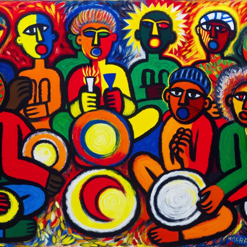 Kleurrijke abstracte voorstelling van een groep vastende mensen in protest met lege borden en protesttekens, geschilderd in expressieve stijl met felle kleuren