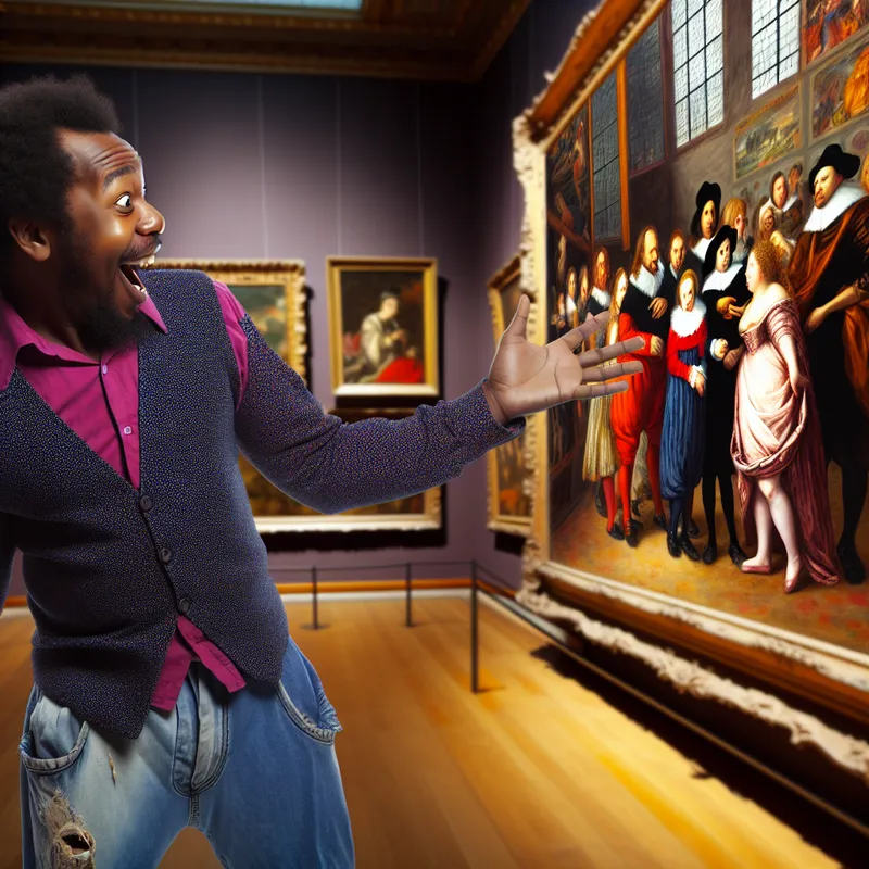 Persoon in kunstgalerij kijkt vol bewondering naar een prachtig schilderij in de stijl van Frans Hals, met expressieve gezichtsuitdrukking die 'zeer' of 'erg' uitdrukt