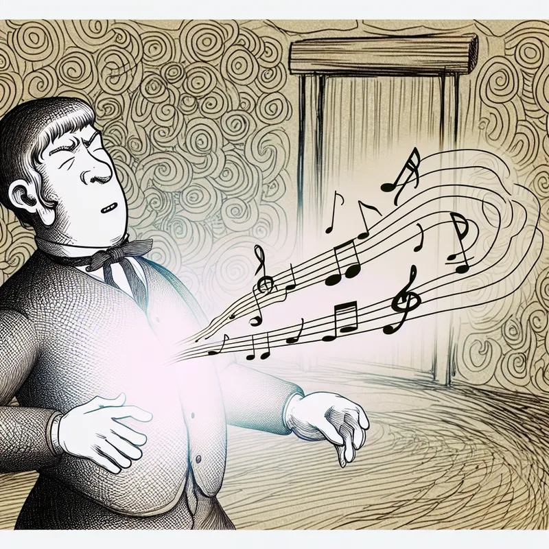 Kartonnen figuur met expressief gezicht en houding die diepe innerlijke emoties uitstraalt in een warme, gezellige kamer met zwevende muzieknoten en zielssymbolen