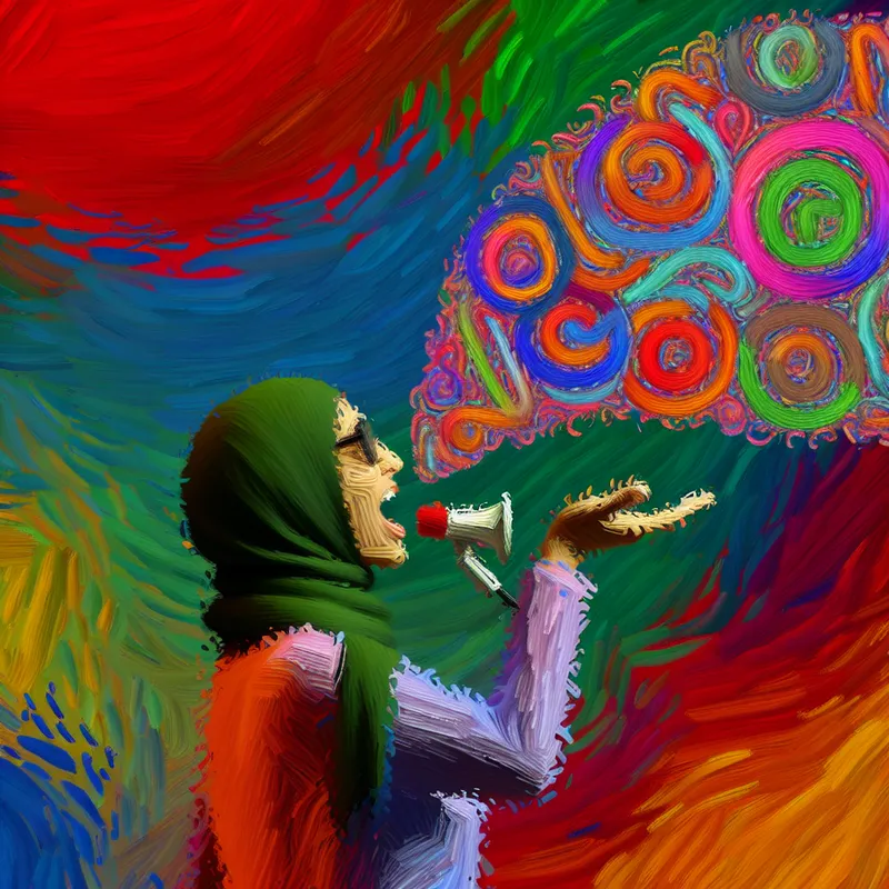 Een persoon met kleurrijke woorden die uit de mond komen, in een abstracte, levendige stijl