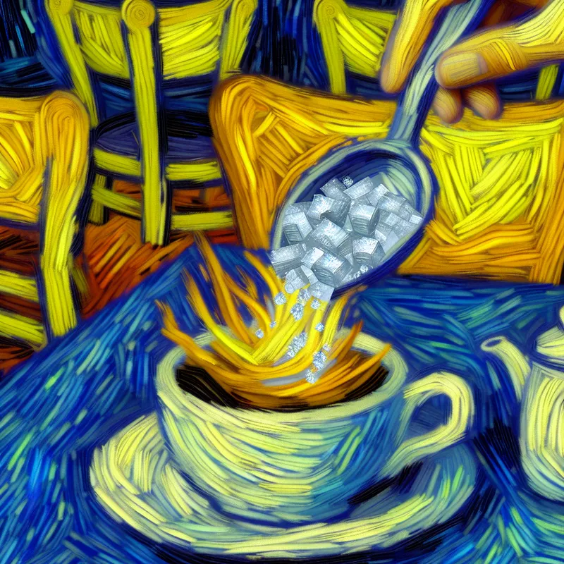 Hand die een extra lepel suiker toevoegt aan een dampende kop koffie in Van Gogh-stijl, met levendige kleuren en dynamische penseelstreken