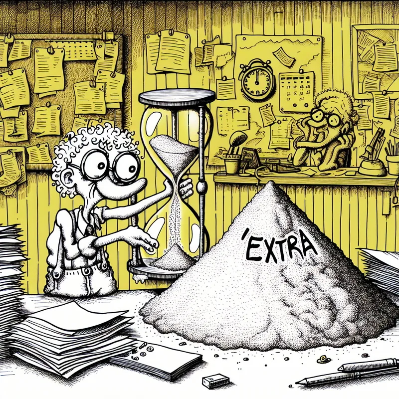 Kleine cartoonfiguur houdt een grote zandloper vast waar extra gouden zand uit stroomt, symboliserend bijkomende tijd