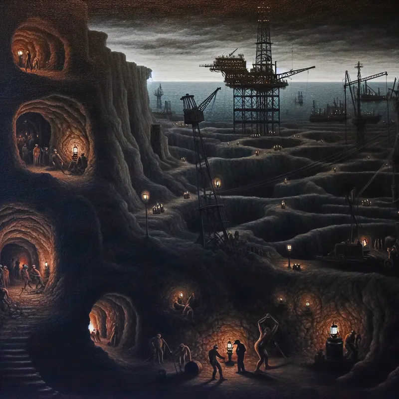 Gothische industriële scène met mijnwerkers die steenkool delven en een boorplatform dat aardgas extraheert, symboliserend het extraheren van grondstoffen uit de aarde