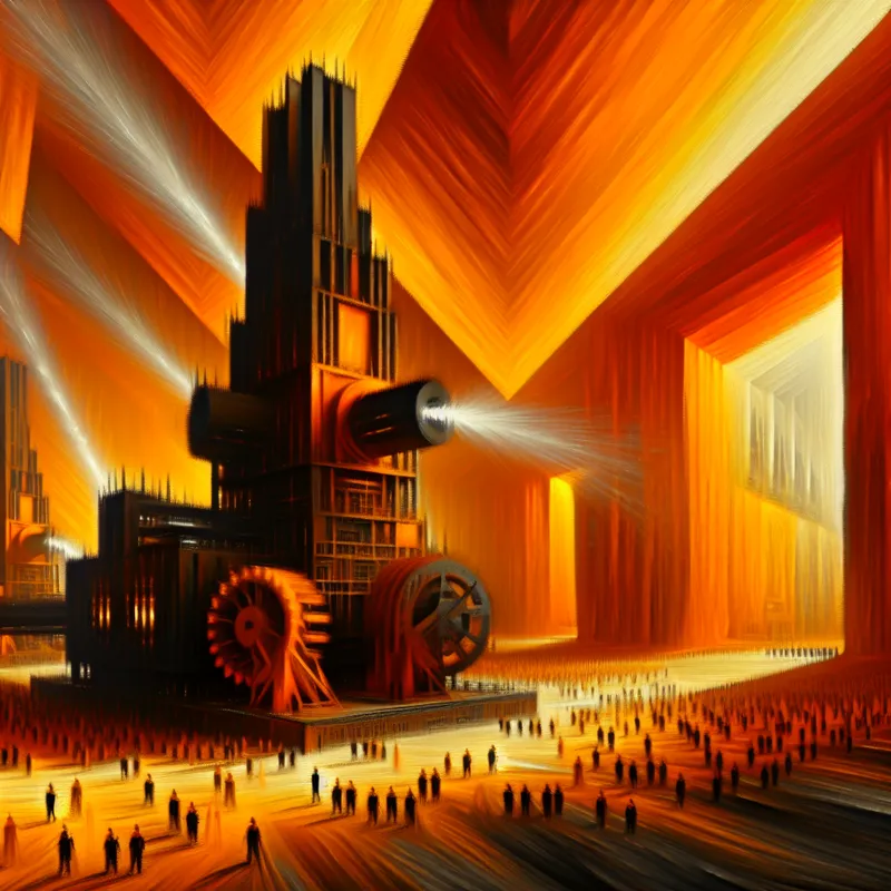 Hyperrealistisch surrealistisch fabrieksinterieur met reusachtige machines en kleine arbeiders, extreem lawaaierig en overweldigend in oranje gloed