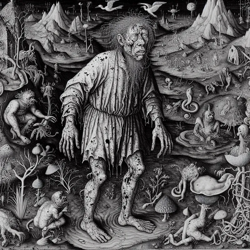 Surrealistisch tafereel van een extreem vieze persoon bedekt met modder en vuil, omringd door bizarre wezens en verwrongen planten in een chaotische tuin