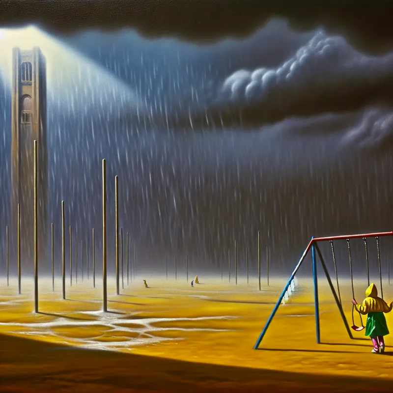 Surrealistisch tafereel van een verlaten speeltuin in noodweer met een kind in gele regenjas dat ondanks extreme weersomstandigheden speelt