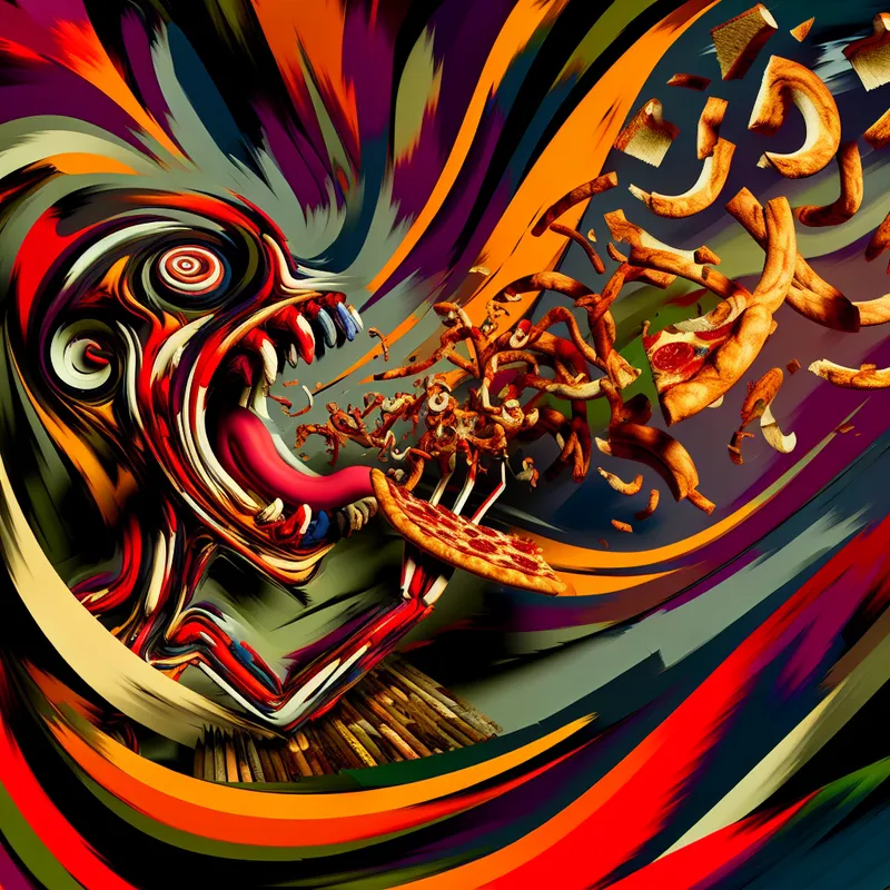 Abstract expressionistisch schilderij van een monsterlijke figuur die een hele pizza verslindt, symbool voor extreme honger en overdaad