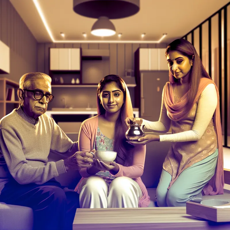 Een ouder echtpaar dat gelukkig zit in een gezellige woonkamer, terwijl hun dochter hen met aandacht helpt.