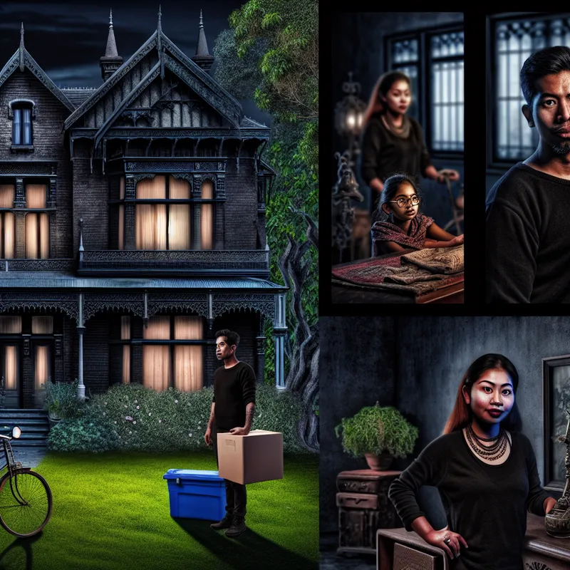 Een familie staat voor hun prachtig gothic-stijl huis met overgroene inrichting, vol mysterieuze artefacten.