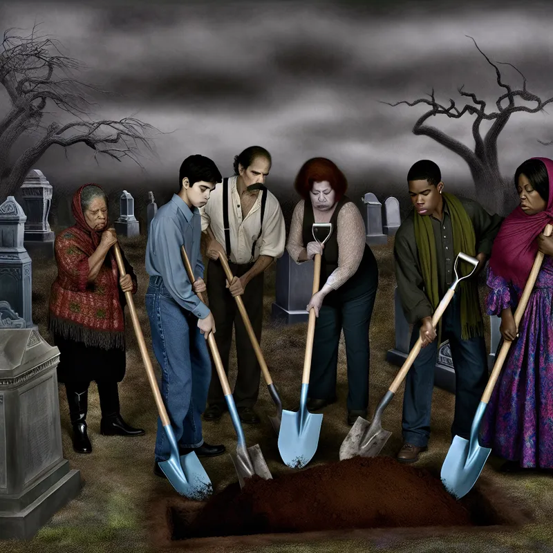 Een sombere scène van een familie die een graf graaft voor hun overleden grootvader, met uitdrukkingen van verdriet.
