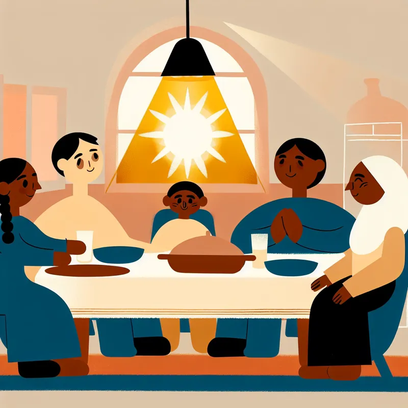 Minimalistische illustratie van een gezellig familiediner met warme sfeer, symboliserend dat familie het belangrijkste is