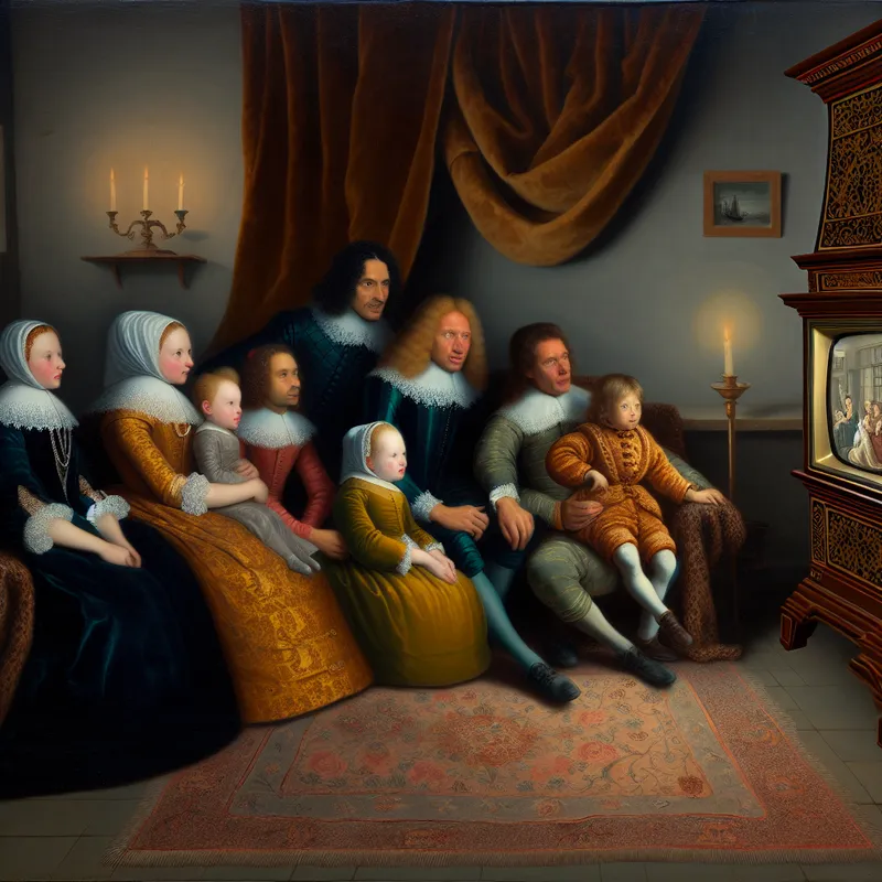17e-eeuws Nederlands interieur met een familie die naar een vintage televisie uit de jaren 50 kijkt, sfeervol verlicht door kaarsen en met rijke texturen van stoffen en hout