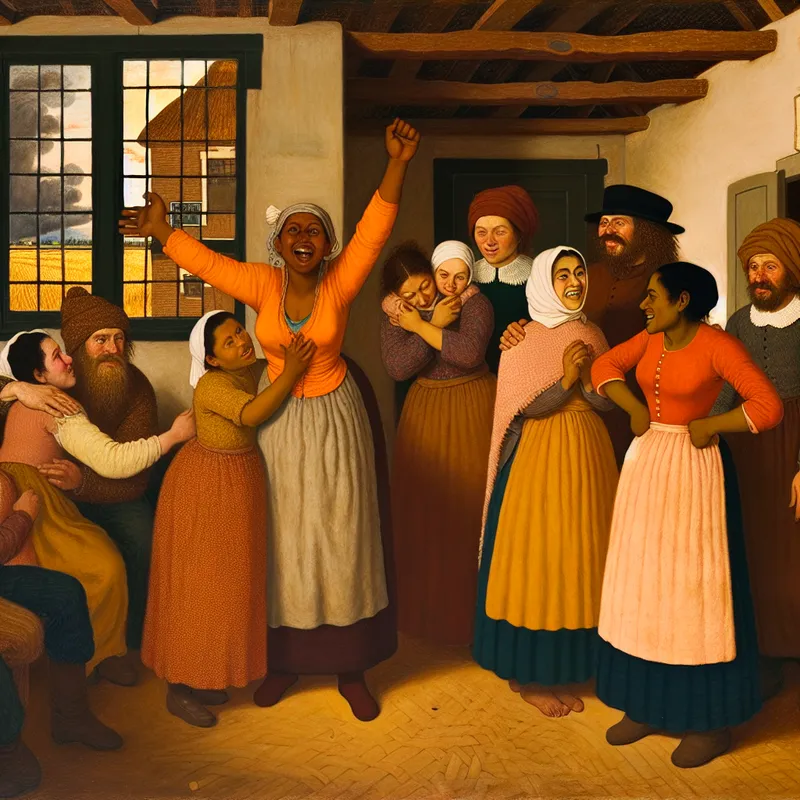 Familie verzameld in een warm Nederlands interieur, steunend en hoopvol na een moeilijke periode, in de levendige stijl van Jan Steen