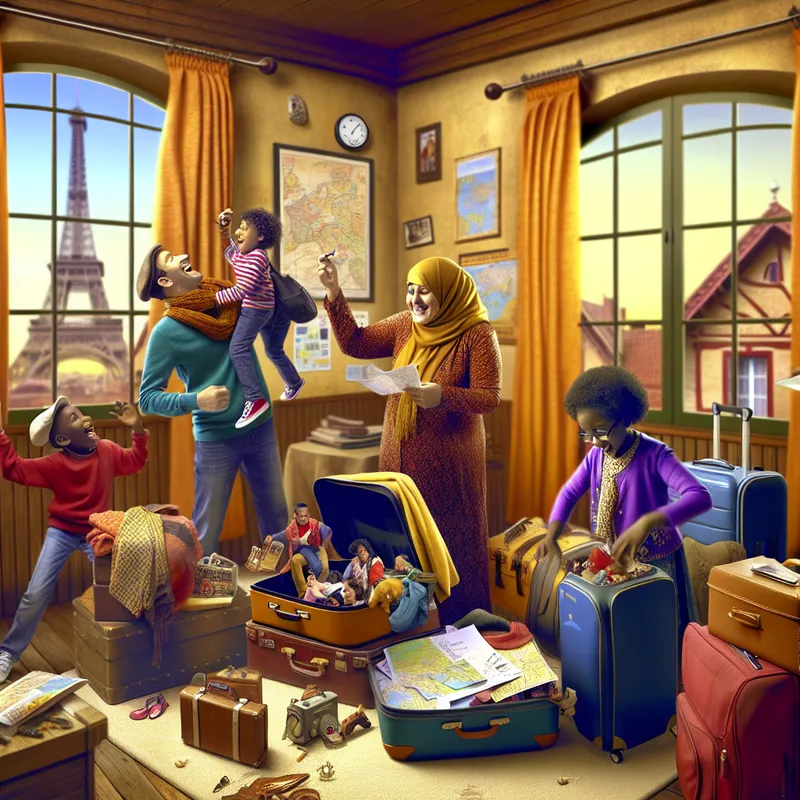 Een levendige familie bereidt zich voor op een reis naar Parijs in een gezellige woonkamer.