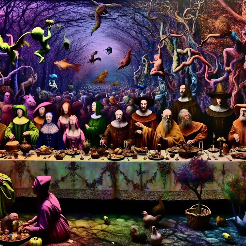 Surrealistische afbeelding van een familie reünie in de stijl van Hieronymus Bosch, met een diverse groep mensen rond een tafel