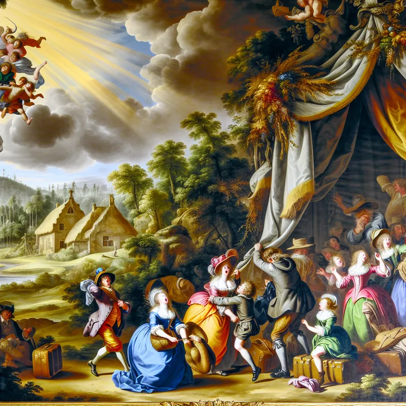 Een levendige Barokke scène van een familie die zich voorbereidt op een vakantie op een zonnige dag, met een schilderachtig landschap op de achtergrond.