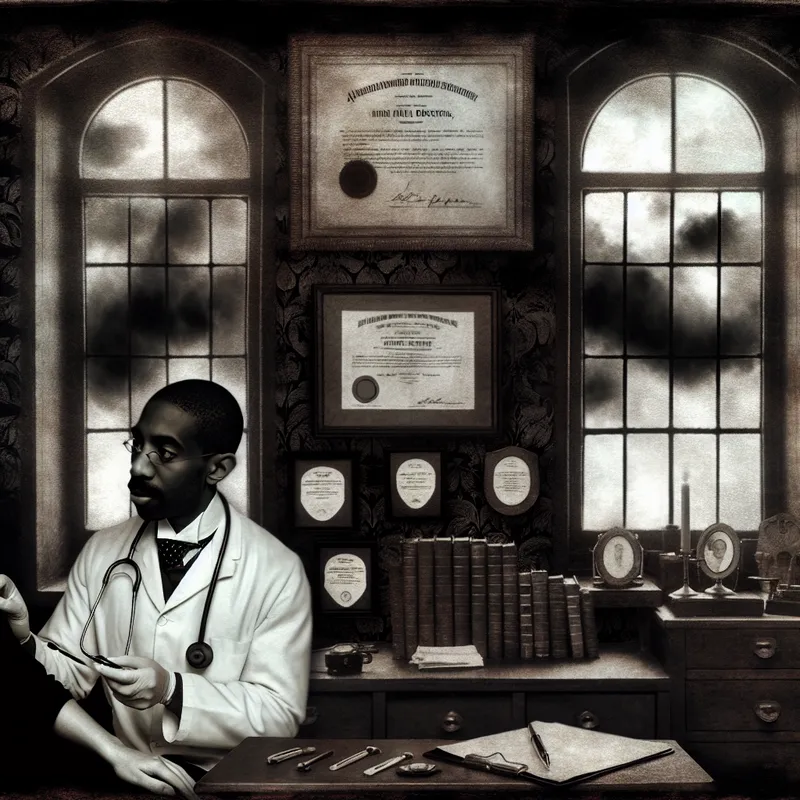 Een familiearts die een patiënt onderzoekt in een oude, sfeervolle kliniek met medische diploma's aan de muren.