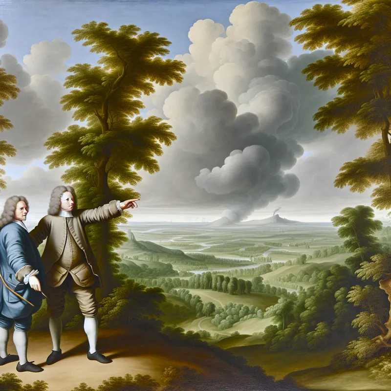 Twee jonge mannen in een 17e-eeuws Nederlands landschap, symboliserend familieband en afstand, met een schip aan de horizon en een brief in de hand