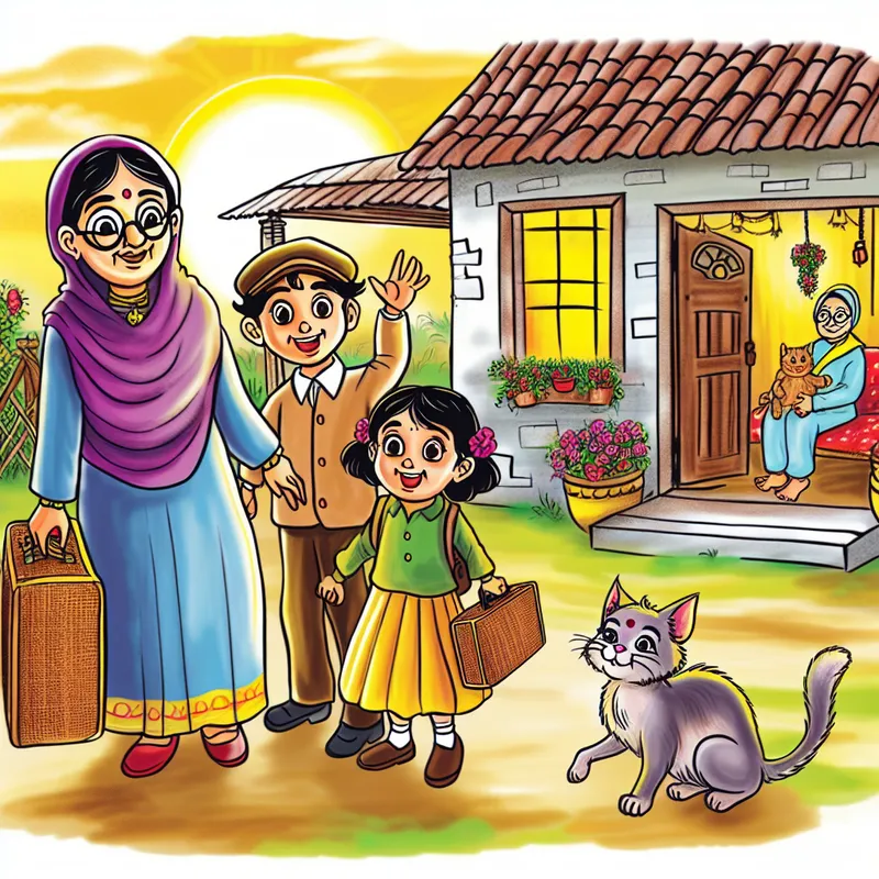 Cartoonfamilie arriveert bij oma's huis in het platteland met koffers, gebaseerd op Marten Toonder's stijl