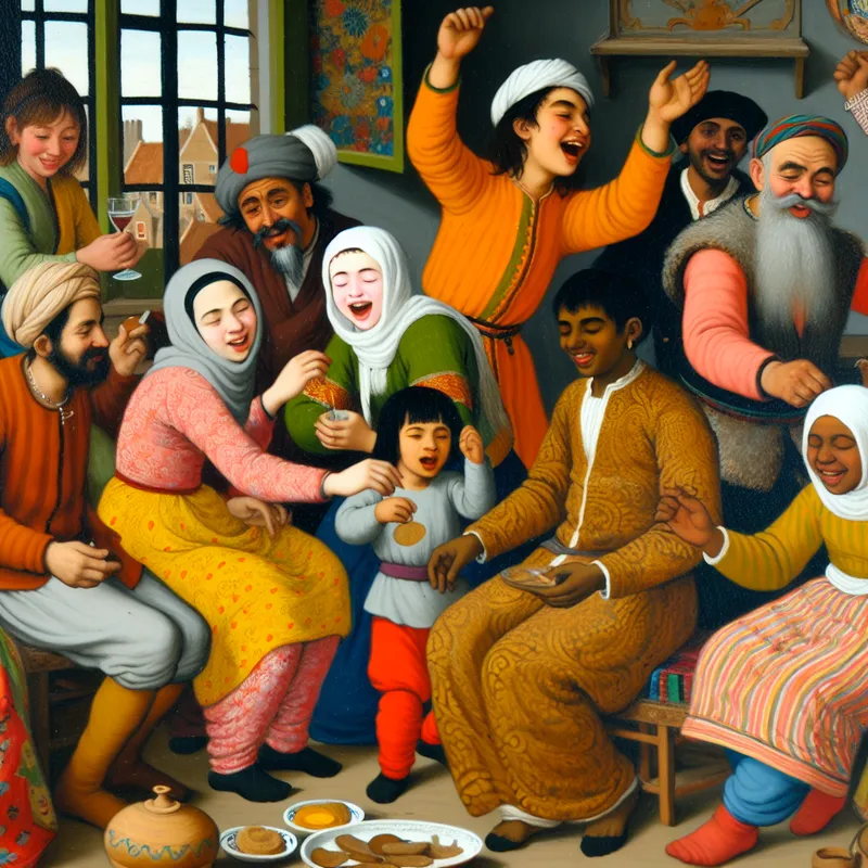 Een levendige familiebijeenkomst met een diverse groep mensen die samen plezier maken, eten delen en dansen.