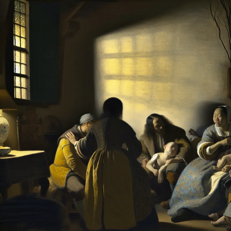 Een serene familiebijeenkomst met een man die liefde en genegenheid voor zijn familie uitdrukt.