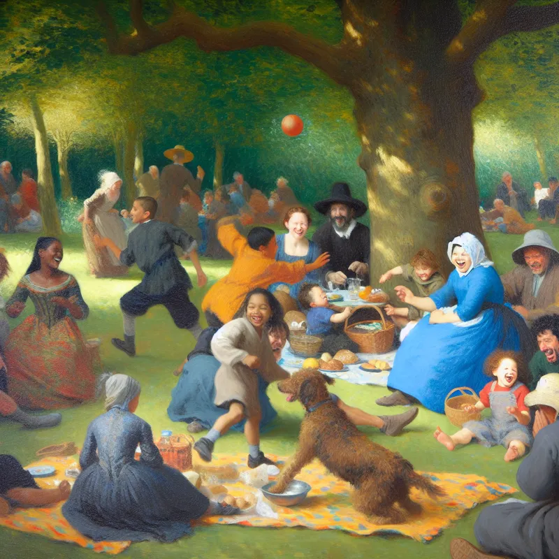 Een levendige zomerse bijeenkomst van een familie in een groen park met spelende kinderen en lachende volwassenen onder een grote boom.