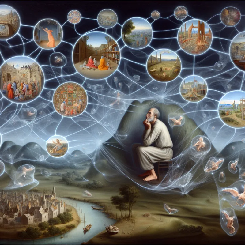 Surrealistisch tafereel van een man die nadenkt over mogelijke toekomsten, omringd door zwevende visioenen en glinsterende draden in de stijl van Hieronymus Bosch