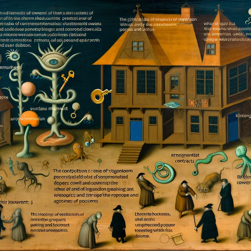 Surrealistisch beeld van een fantasiehuis in het midden, omringd door bizarre wezens die aspecten van eigendom symboliseren.