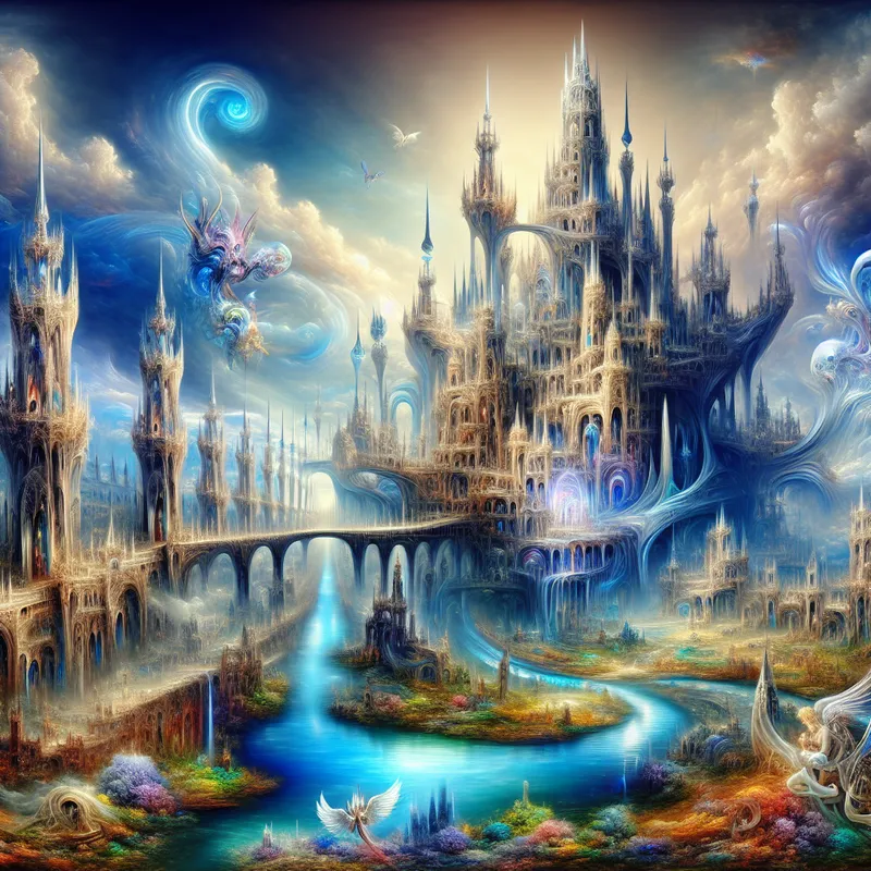 Een futuristisch kasteel met hoge spires in een surrealistisch landschap met een kleurrijke lucht en magische wezens