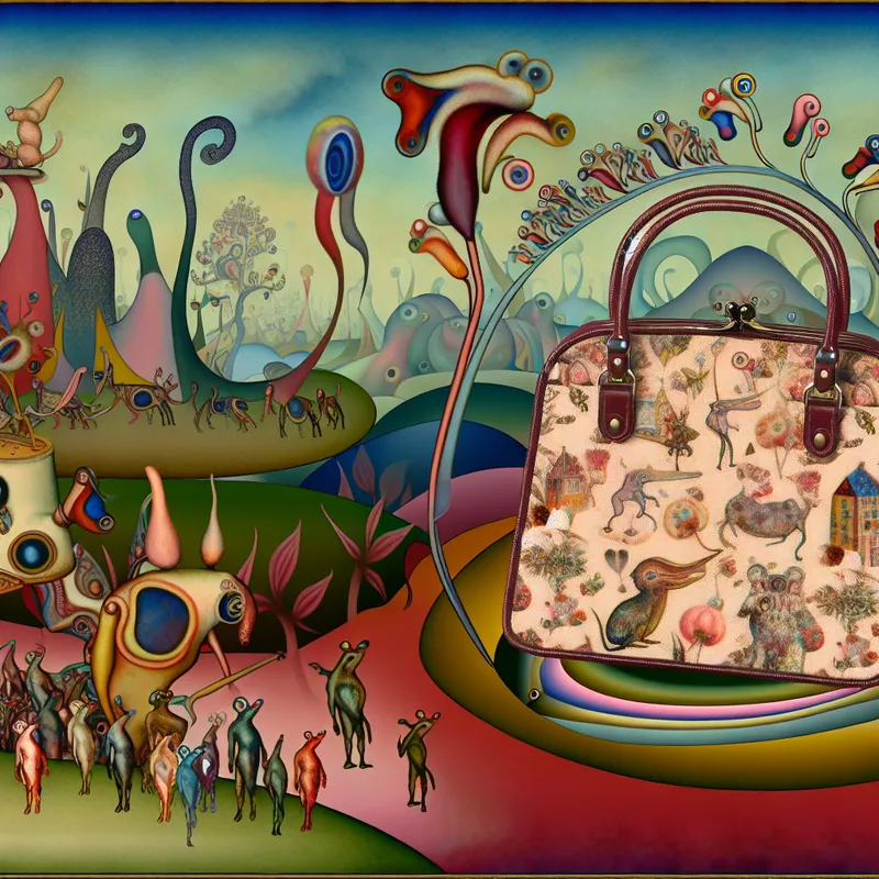 Een klein, fantasierijk handtasje omringd door bizarre creaturen in een surrealistisch landschap.