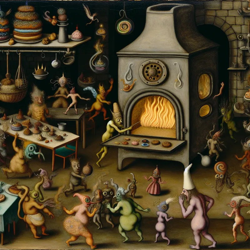 Surrealistische keukenscene met een fantasierijke oven die kleurrijke vlammen en vreemde, gebakken lekkernijen afgeeft, omringd door bizarre wezens die nieuwsgierig de oven inspecteren.