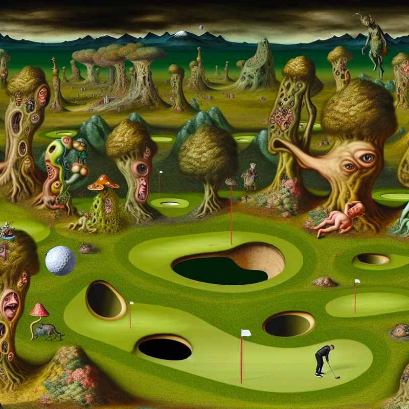 Surrealistische golfbaan met bizarre wezens die golf spelen in een droomachtige omgeving