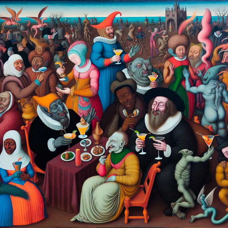 Een levendige groep mensen geniet van drankjes in een surrealistische setting, omringd door mythische wezens en fantasierijke versieringen.