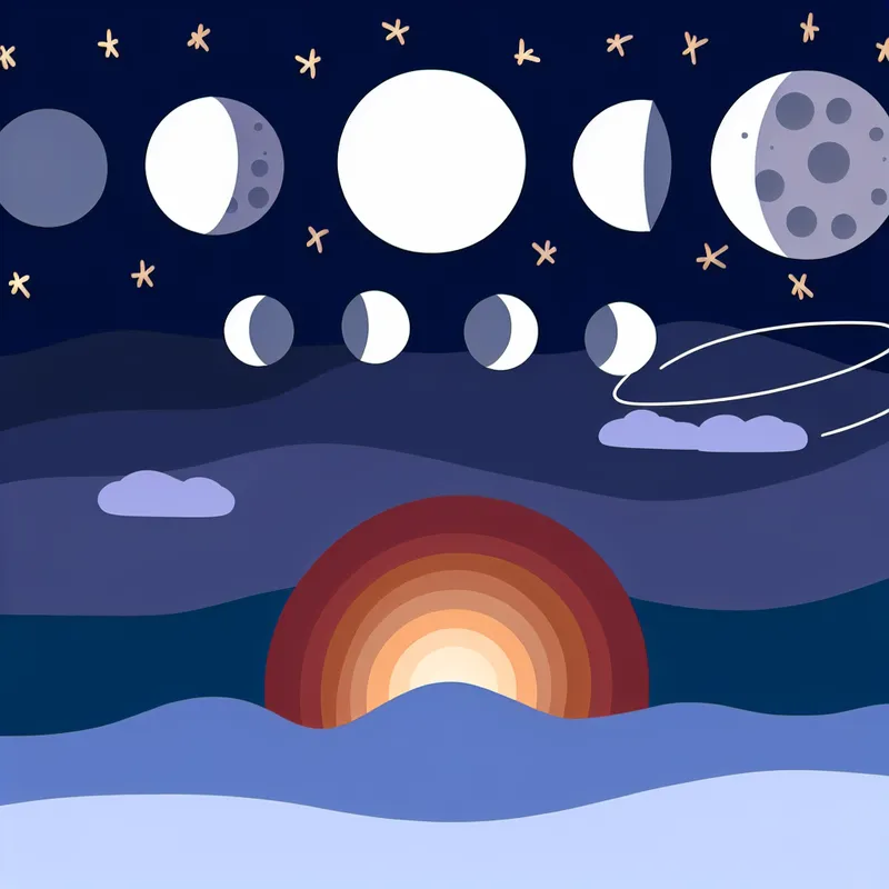 Een eenvoudige, cartoonachtige illustratie van de maan in verschillende fasen, met een planeet met ringen op de achtergrond, tegen een sterrenhemel.