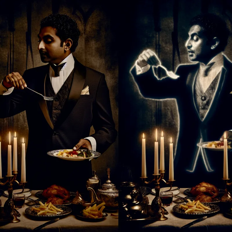 Symbolische illustratie van fatsoenlijk gedrag aan een formele eettafel, geïnspireerd op Félicien Rops, met een keurig geklede man die correct bestek gebruikt en een spookachtige figuur die slordig met de handen eet