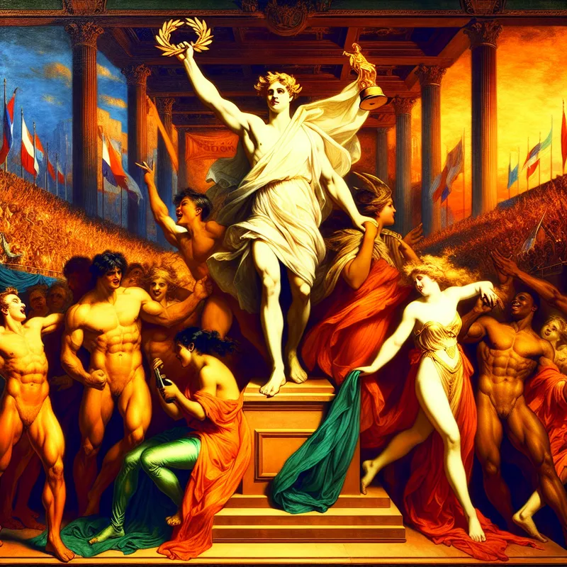 Barokke voorstelling van een triomferende favoriet met lauwerkrans en trofee, omringd door allegorische figuren van kracht en roem, in een dynamische wedstrijdsetting