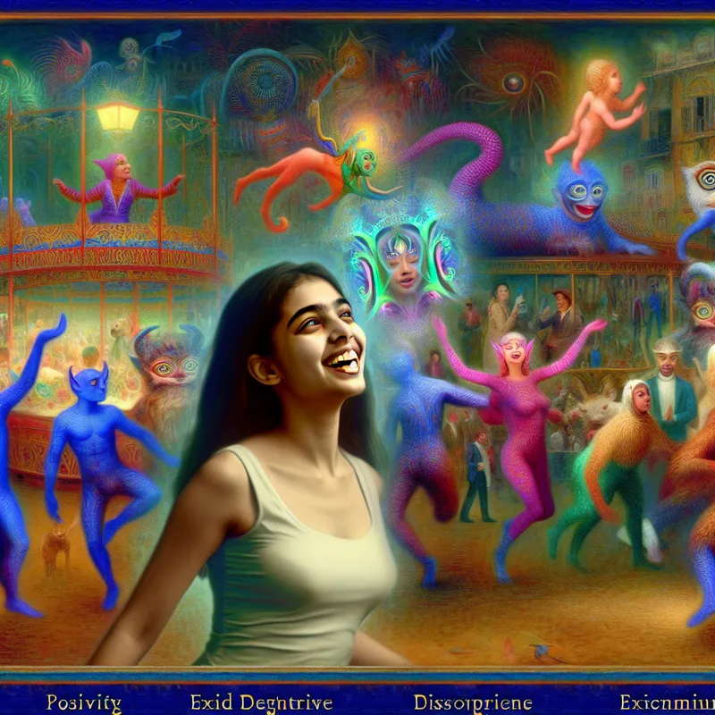 Een levendige sociale bijeenkomst met een jonge vrouw genaamd Asha in het midden, omringd door fantastische wezens en kleurrijke planten in een surrealistisch landschap.