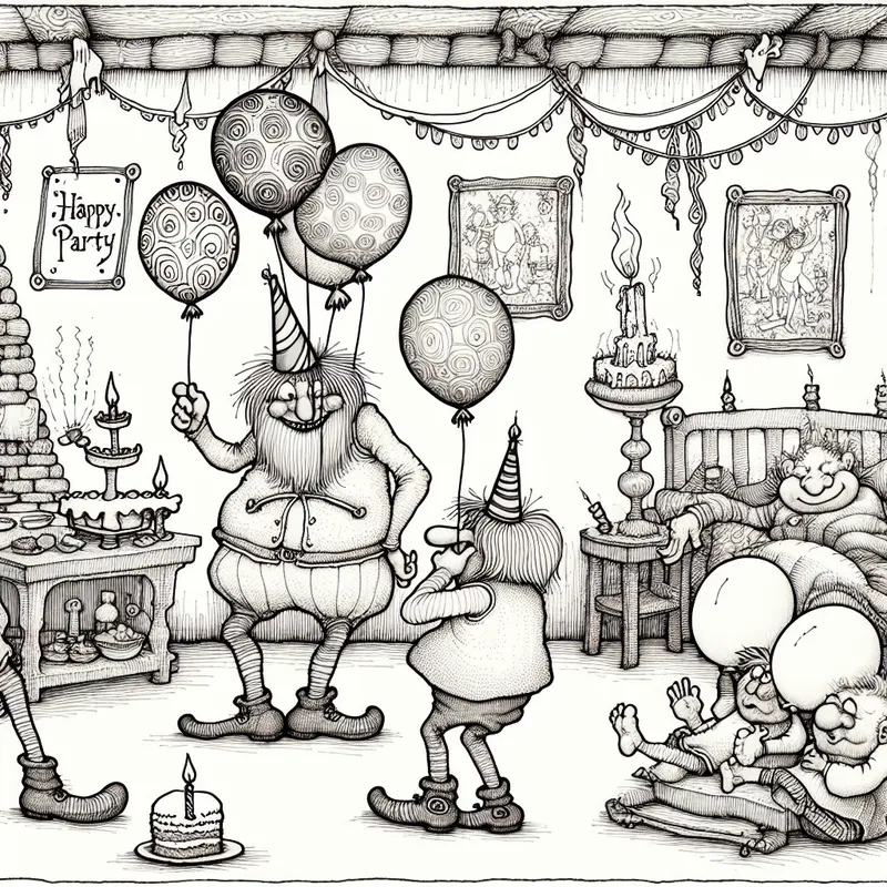 Voorstelling van een feestelijk cartoonmoment met een paar blije personages, waaronder iemand die ballonnen joggelt en iemand die kaarsjes uitblowt op een klein taartje in een versierde kamer.