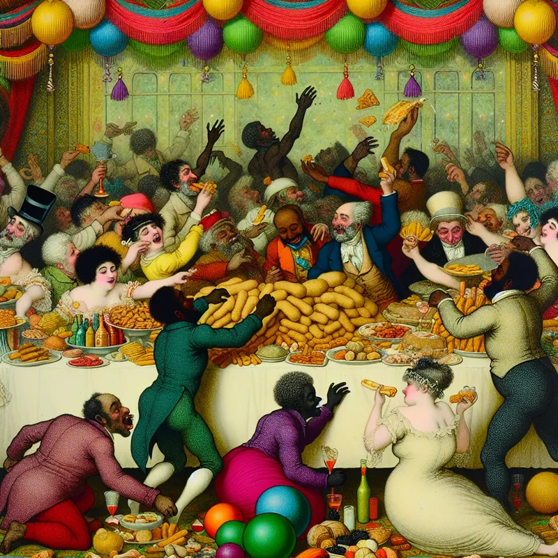 Een kleurrijke feestscène met jonge mensen die genieten van een buffet vol snacks en chips.