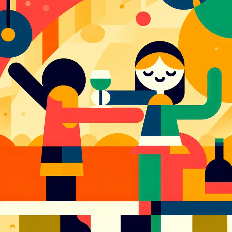 Een vrolijke afbeelding van een persoon die uitgestrekt een glas wijn aanbiedt aan een glimlachende gast op een feest.