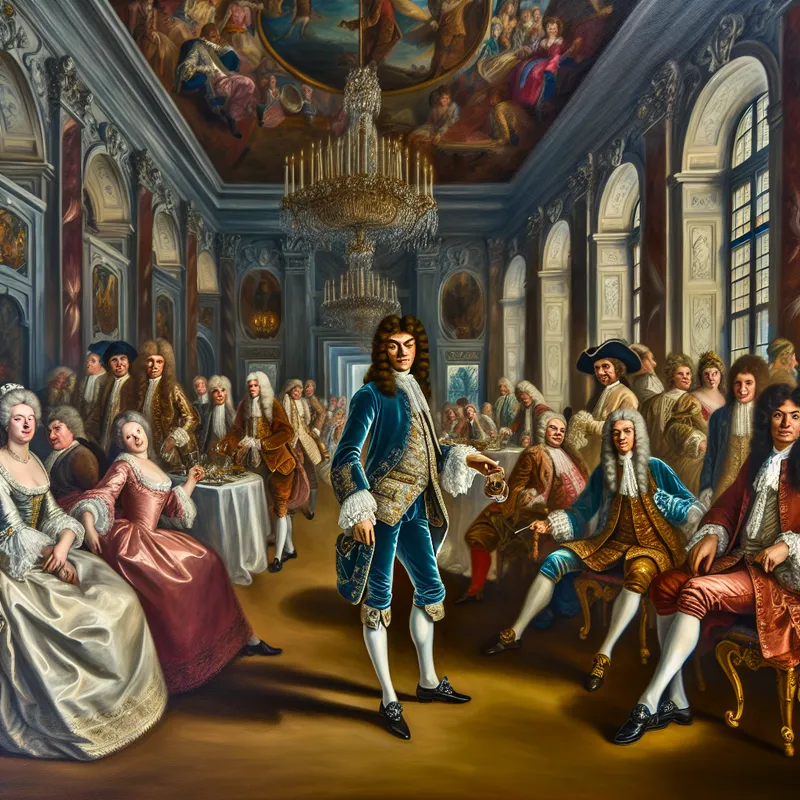 Een jonge nobelman in een weelderig kasteelinterieur tijdens een feestelijke bijeenkomst