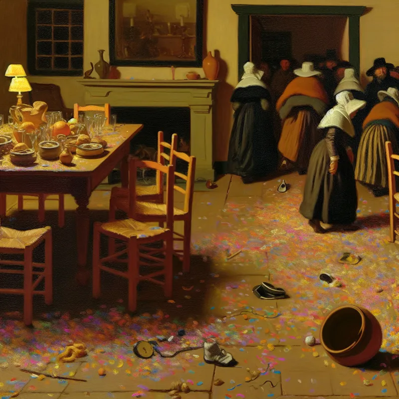 Levendige feestscène in de stijl van Frans Hals met confetti, halflege glazen en mensen die vertrekken, het moment dat het feest voorbij is