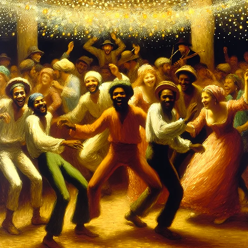 Groep diverse mensen danst vrolijk onder kleurrijke lichten op een feest.