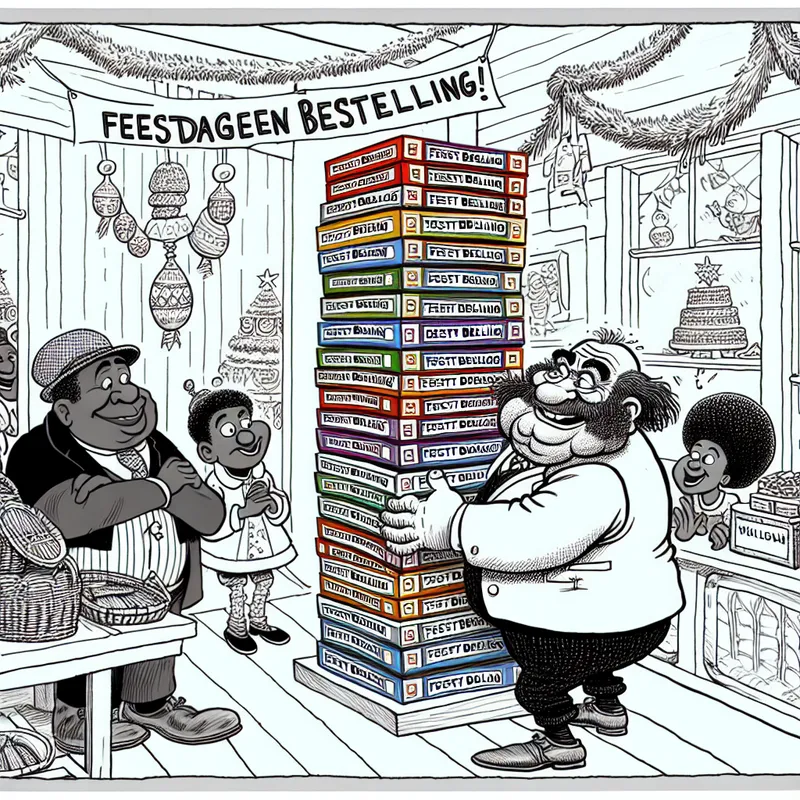 Een cartooneske winkel met een opstapeling van kleurrijke dozen voor feestdagenbestellingen, met een vrolijke winkelier en blije klanten.