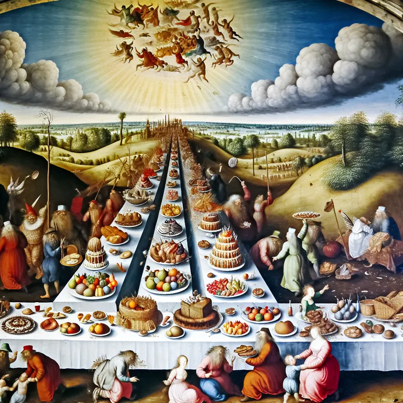 Een prachtig landschap met een feestelijke tafel vol lekkernijen zoals taarten en fruit, omringd door blij mensen die samen genieten van het feest.