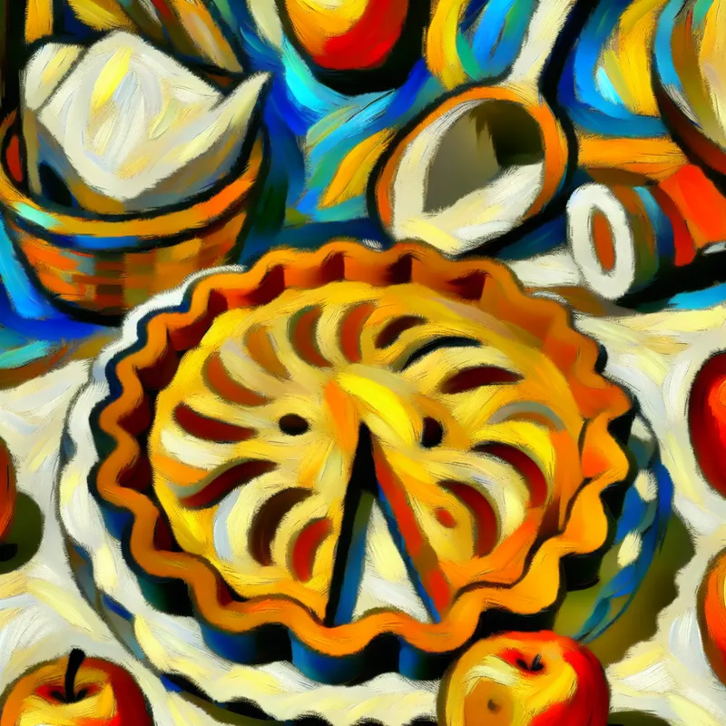 Vibrante abstracte compositie met een appelgebak in het midden, omringd door kleurrijke ingrediënten zoals appels en bloem.