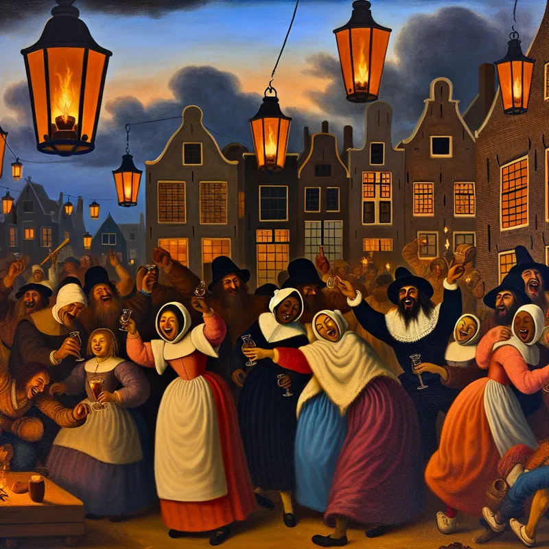 Een levendige avond in een Nederlandse stad met mensen die samen vieren onder hangende lantaarns.