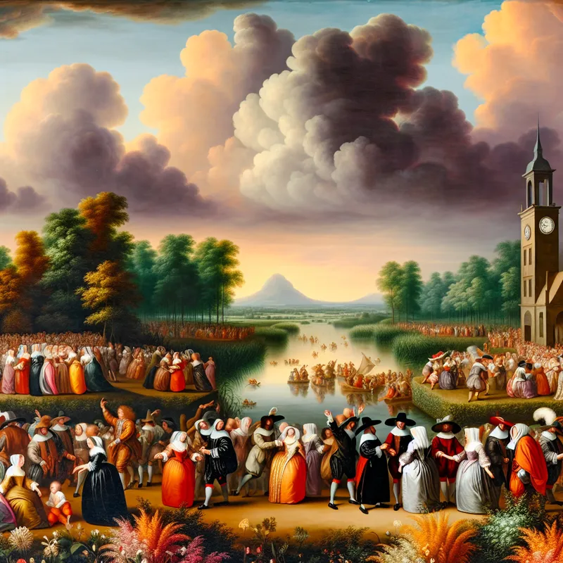 Een indrukwekkend landschap met feestelijke mensen onder een dramatische lucht met een toren op de achtergrond.