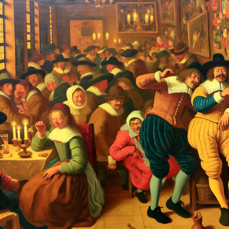 Een levendige feestelijke bijeenkomst in een drukke kamer, met een persoon die zich ongemakkelijk voelt en zich tegen een muur leunt.