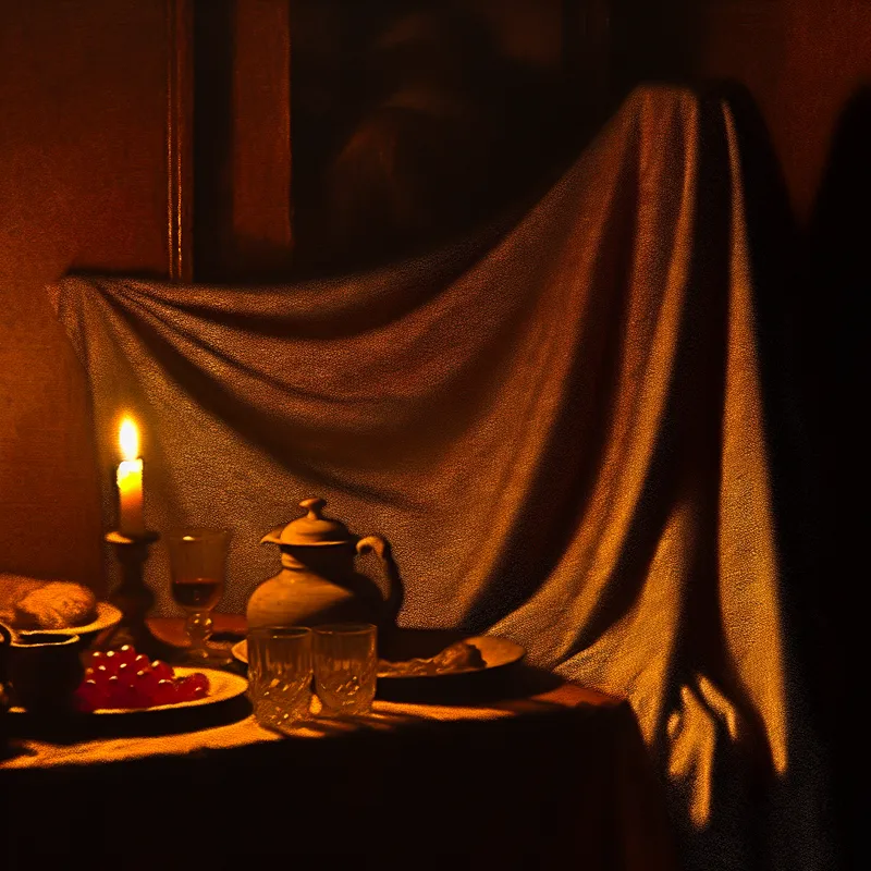 Een sfeervolle, gedempte verlichting van een feestelijke bijeenkomst met een tafel bedekt met een rijkelijk gedrapeerd laken en kaarslicht dat schaduwen werpt.